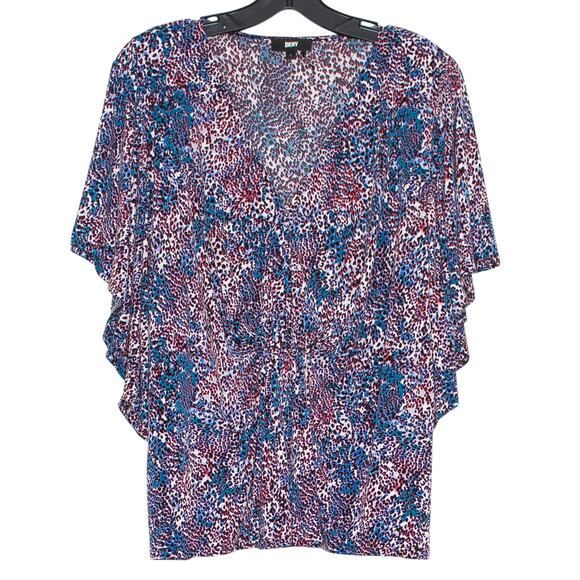DKNY Top Boho Retro Eclectic Abstract V Neck Animal Print Flutter Sleeve Large - Picture 1 of 5